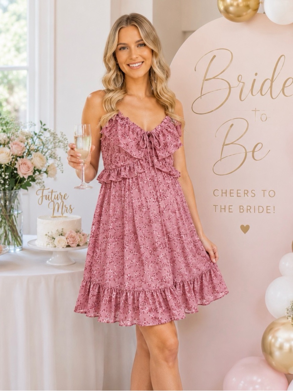 Thirty Thirty Allison Kelly Floral Ruffle Mini Dress Pink - Picture 2 of 5